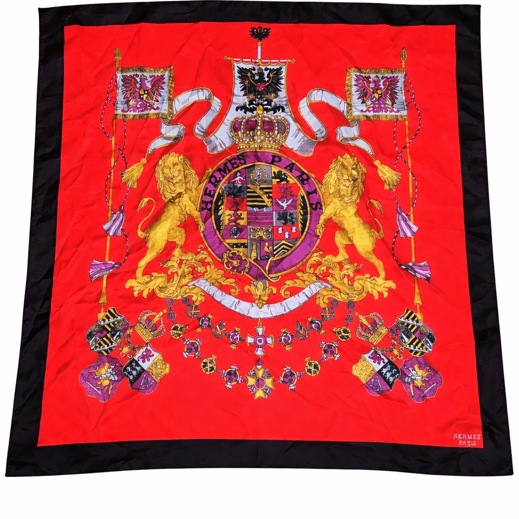 Authentic Herms Paris Silk Scarf Red Heraldic Crest Lions Crown Luxury Square